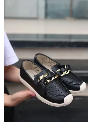 Elegan Siyah Cilt Babet Ayakkabı