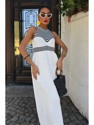 Omarı Çizgili Uzun Triko Elbise