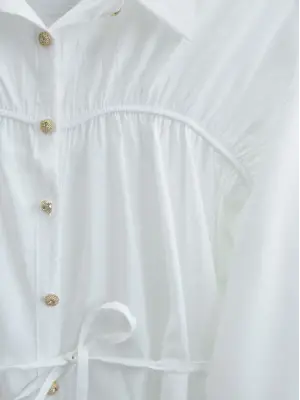 Robadan Büzgülü Beli Bağcıklı Gömlek -Beyaz