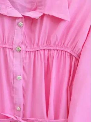 Robadan Büzgülü Beli Bağcıklı Gömlek -Pembe