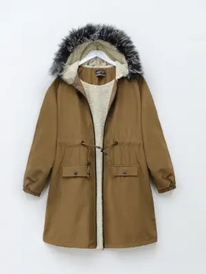 Taba Sabit Kapşonlu İçi Kürklü Bondit Kaban Kadın Giyim