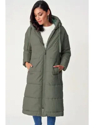 Sabit Kapşonlu Kuş Gözü Detaylı Uzun Kaban   -Haki