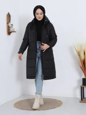 Sabit Kapşonlu Kuş Gözü Detaylı Uzun Kaban -Siyah