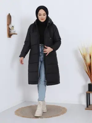 Omarı Uzun Kapşonlu Kuş Gözü Detaylı Kaban -Siyah