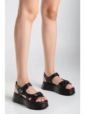 Siyah Cilt Cırt Cırtlı Sandalet Kadın Ayakkabı