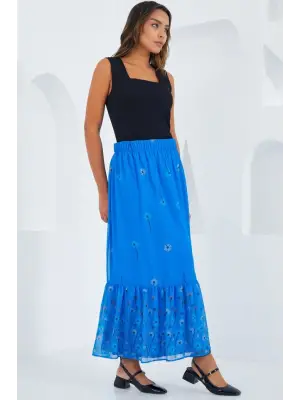 Saks Desenli Şifon Etek 8010