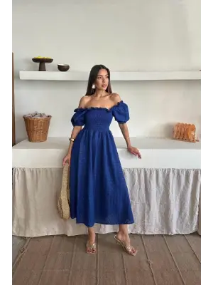 Omarı Saks Renkli Brode Elbise