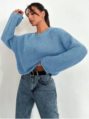 Salaş delik detaylı kazak mavi