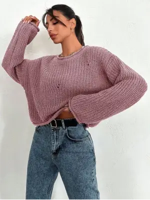 Pembe Salaş Delik Detaylı Kazak Kadın Giyim