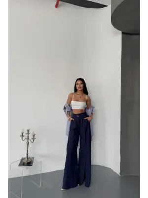 SALAŞ ÖNDEN YIRTMAÇ DETAYLI BEL KEMERLİ PANTOLON - Lacivert
