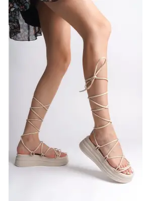 Krem Bilekten Bağlamalı Rahat Tabanlı Ayakkabı Kadın Terlik