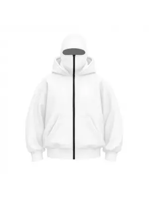 Samuray Ninja Çift Kapşonlu ZIP Fermuarlı Kanguru Çepli Hoodie Maske Detaylı Swetshirt - Beyaz