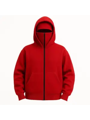 Samuray Ninja Çift Kapşonlu ZIP Fermuarlı Kanguru Çepli Hoodie Maske Detaylı Swetshirt - Kırmızı