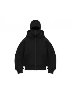 Samuray Ninja Çift Kapşonlu ZIP Fermuarlı Kanguru Çepli Hoodie Maske Detaylı Swetshirt - Siyah