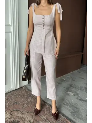 ŞANTUK KETEN YELEK GÖRÜNÜMLÜASKILI BLUZ - PANTOLON TK - Lila