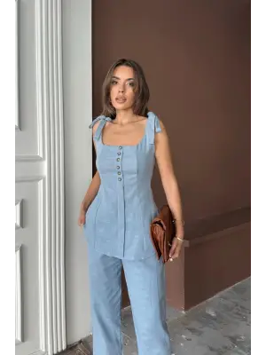 ŞANTUK KETEN YELEK GÖRÜNÜMLÜASKILI BLUZ - PANTOLON TK - Mavi