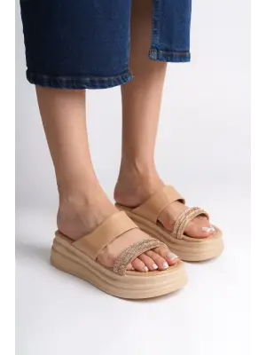 Modern Taşlı Şeritli Rahat Tabanlı Bayan Terlik