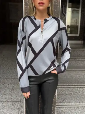 Omarı Desenli Şardonlu Uzun Kollu Kadın Bluz