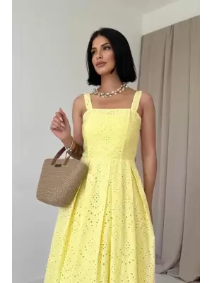 Sarı Askılı Aparatlı Brode Elbise