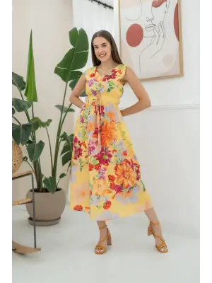 Sarı Çiçek Desenli Yazlık Elbise