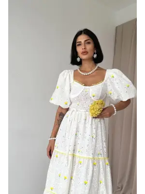 Omarı Elegan Sarı Dantel Detaylı Elbise