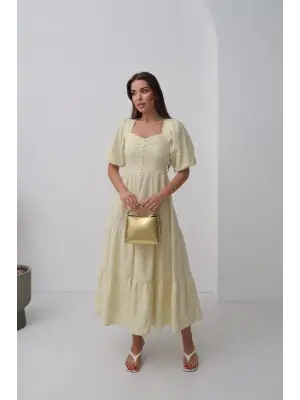 Sarı Süs Düğmeli Balon Kollu Elbise