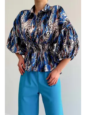 Omarı Mavi Saten Beli Lastikli Gömlek - Şık ve Rahat