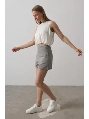 Saten Kolsuz Belki Lastikli Bluz - Ekru