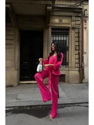 Omarı Saten Fuşya Takım - Kruvaze Bağlamalı Bluz ve Pantolon Seti