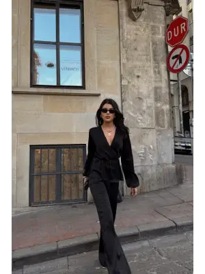 Omarı Kadın Saten Kruvaze Bağlamalı Takım - Siyah