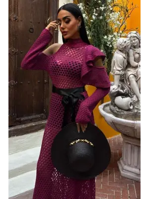 Saten Kuşaklı Ajurlu Triko Elbise Kadın Giyim