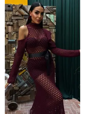 Saten Kuşaklı Ajurlu Triko Elbise Kadın Giyim