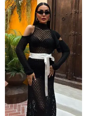 Omarı Saten Ajurlu Triko Elbise