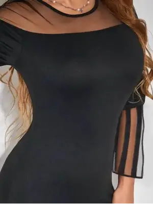 Omarı Şeffaf Madonna Yaka Uzun Kollu Vücut Sarıcı Elbise