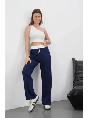 Şeritli garnili pantolon lacivert