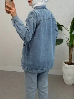 Omarı Taş Detaylı Cepli Kot Ceketi - Buz Mavi