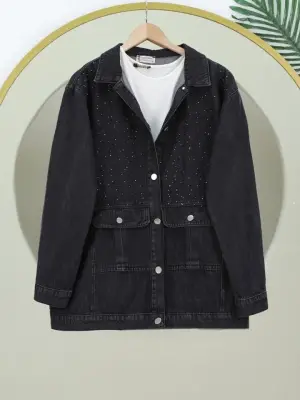 Serpme Taş Detaylı Kapaklı Cepli Kot Ceket -Siyah