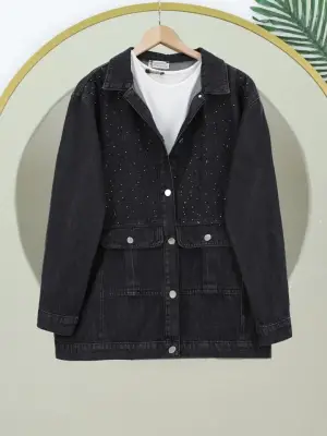 Omarı Serpme Taş Detaylı Cepli Kot Ceket - Siyah