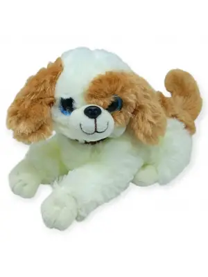 Sesli Peluş Yatan Köpek 25 cm - Beyaz Kahve