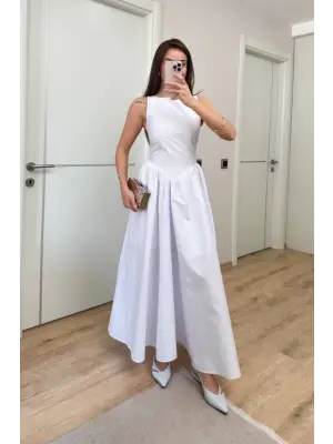Sifir Kol Beli Oturtmalı Kolsuz Uzun Elbise - Beyaz