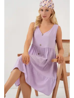 Zarif Düğmeli Kısa Elbise - Lila