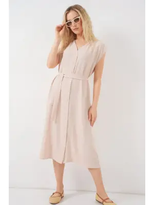 Sıfır Kol Kuşaklı Ayrobin Elbise 2568 - Krem