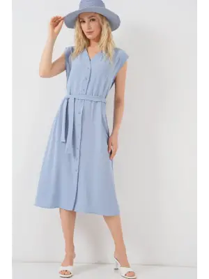 Sıfır Kol Kuşaklı Ayrobin Elbise 2568 - Mavi