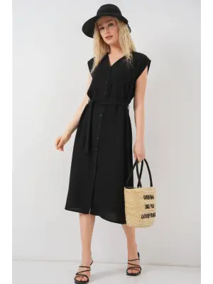 Sıfır Kol Kuşaklı Ayrobin Elbise 2568 - Siyah