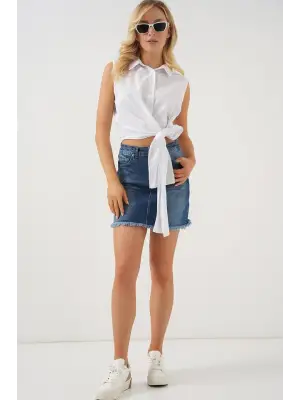 Sıfır Kol Önü Bağlamalı Gömlek 20340 - Beyaz