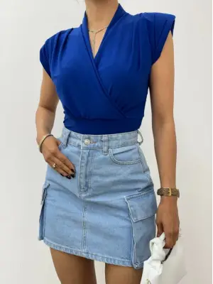 Omarı Yaz Modası Vatkalı Kruvaze Sandy Bluz - Saks