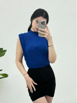 Omarı Sıfır Kol Vatkalı Kadın Bluzu - Deniz Mavisi