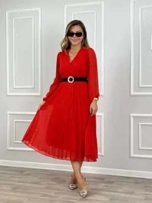 Omarı Şifon Kruvaze Yaka Midi Elbise