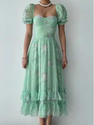 Omarı Dijital Desenli Şifon Elbise