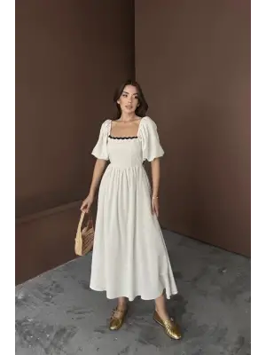 Omarı Rahat ve Şık Bej Keten Elbise